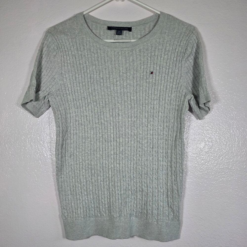 Tommy Hilfiger Gray Ribbed Knit Short Sleeve Sweater Cotton Size S